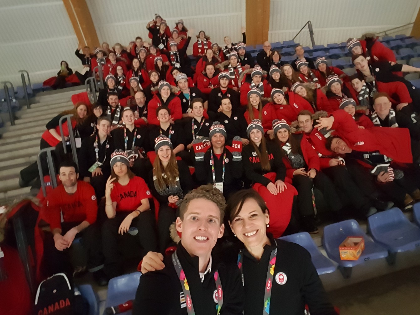Chef de Mission Isabelle Charest with youth ambassador Eric Mitchell and Team Canada at the 2016 Winter Youth Olympic Games