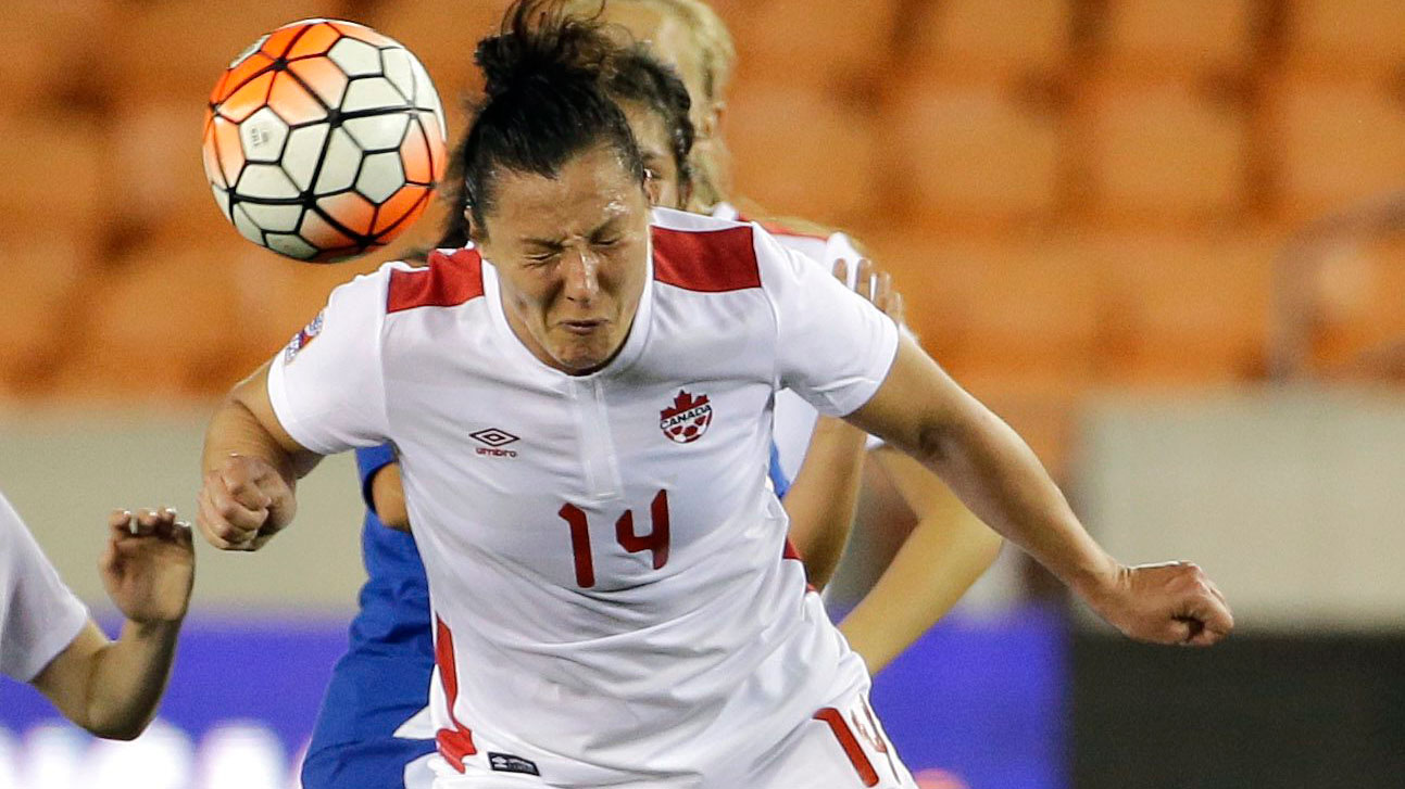 Melissa Tancredi heads a ball against Guatemala on February 16, 2016.