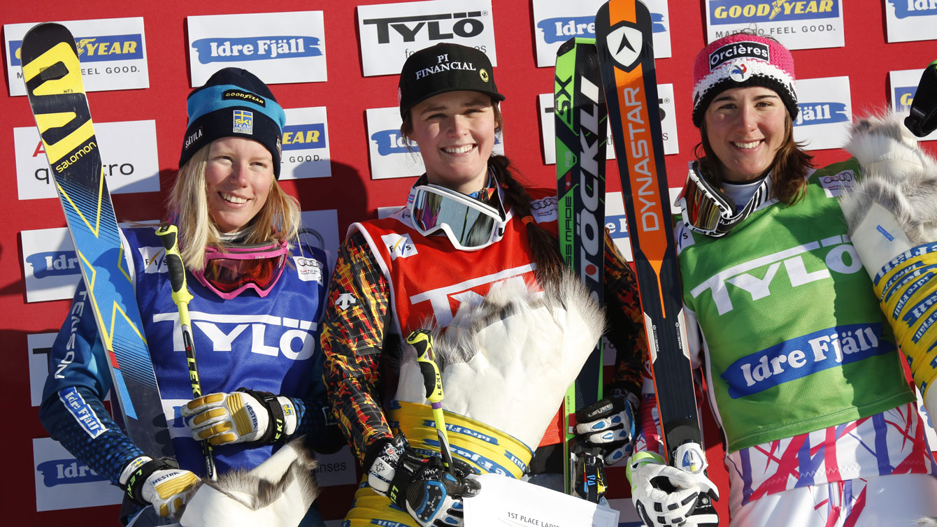 Marielle Thompson (centre) on the podium in first place at the World Cup in Idre Fjall, Sweden on February 14, 2016.