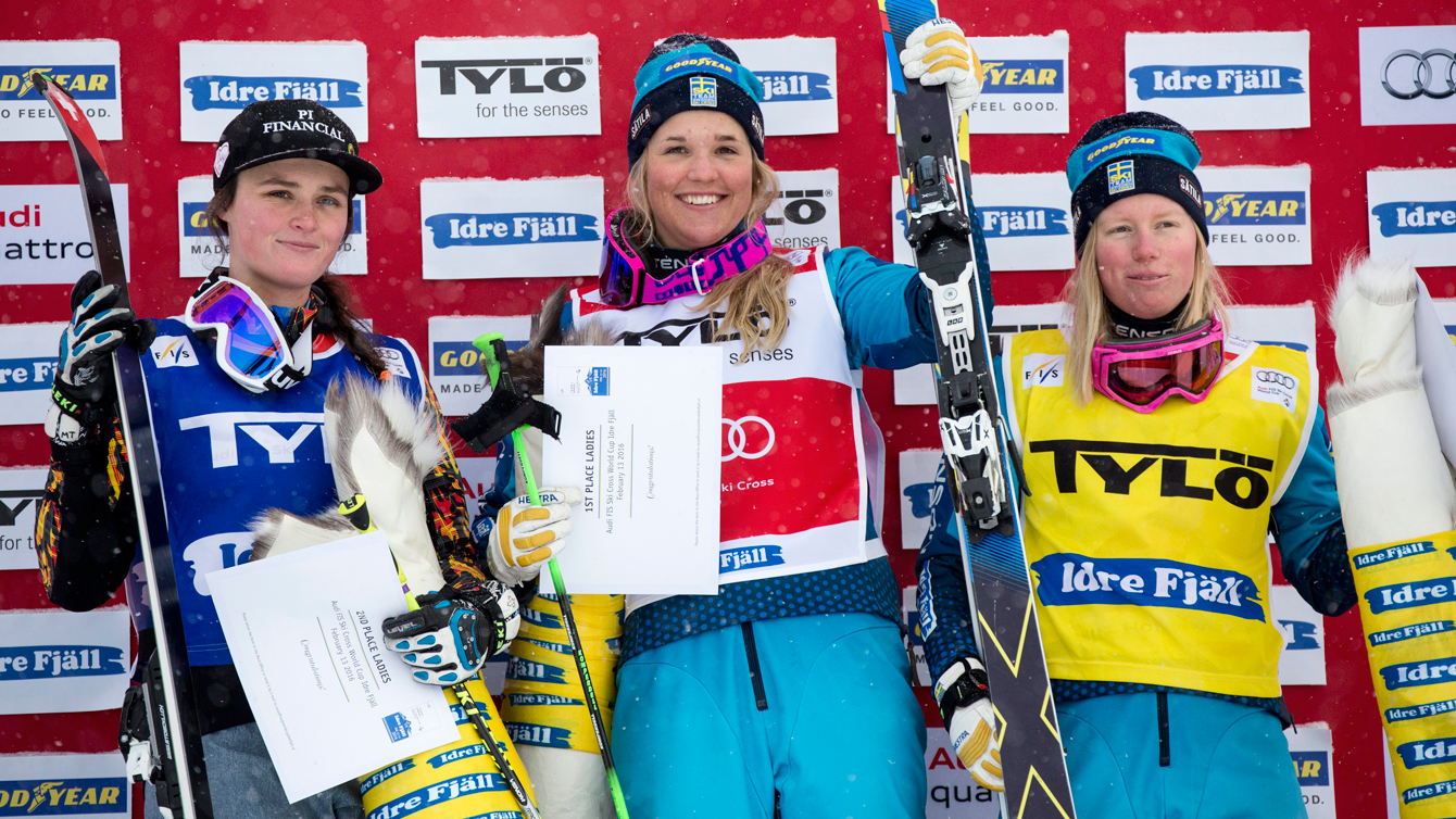 Marielle Thompson (left) stands on the Idre Fjall World Cup podium in second place next to Anna Holmlund of Sweden on February 13, 2016. 