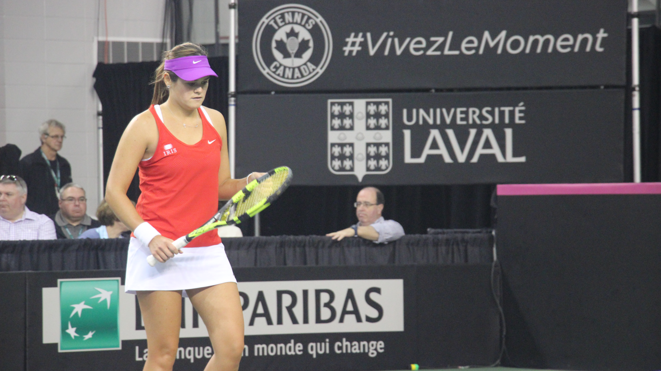 Aleksandra Wozniak at the Fed Cup in Quebec City against Belarus on February 7, 2016. 
