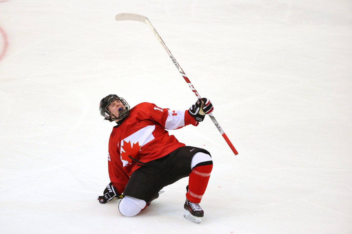 Allan McShane CAN celebrates after scoring during the Ice Hockey men's final between Canada and USA at the Kristins Hall during the Winter Youth Olympic Games, Lillehammer, Norway, 21 February 2016. Photo: Jed Leicester for YIS/IOC Handout image supplied by YIS/IOC