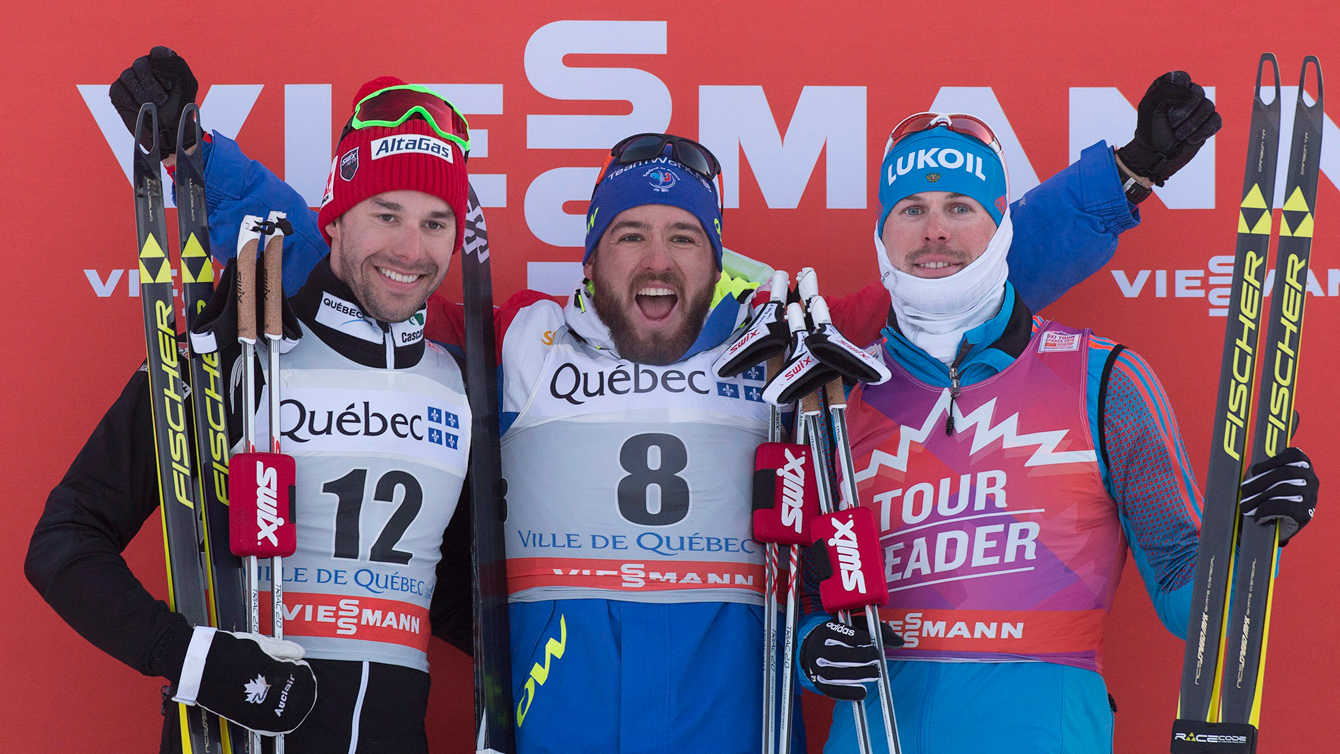 Alex Harvey, left, after winning silver in the men's 1.7 km sprint at the FIS World Cup In Quebec City on March 4, 2016. (Jacques Boissinot)