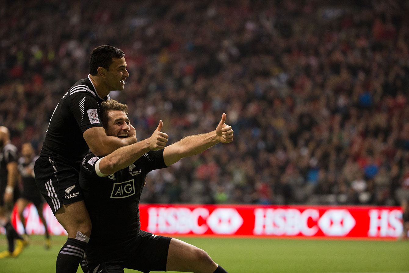 Kurt Baker gives a thumbs-up after scoring on South Africa in the cup final. New Zealand were the overall tournament winners, beating South Africa by a score of 19-14 (Photo: Derek Stevens via Rugby Canada).