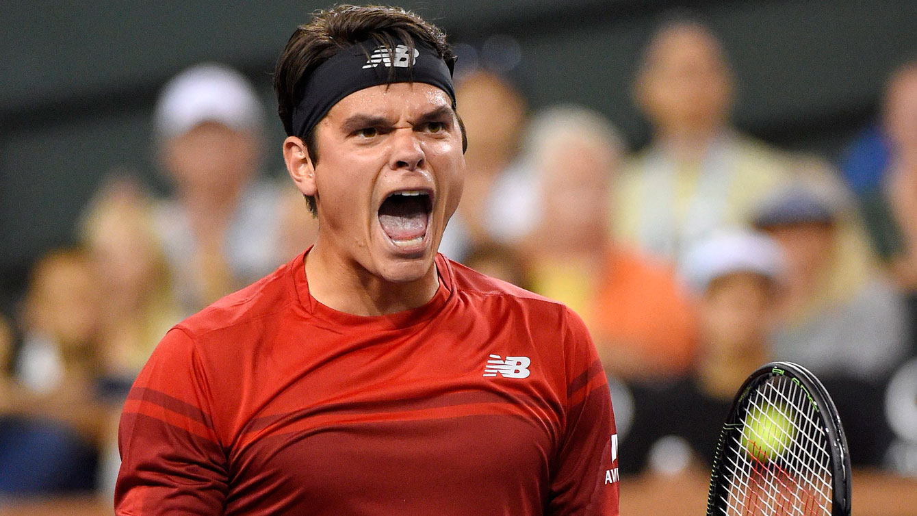 Milos Raonic celebrates winning his quarterfinal match against Gael Monfils at Indian Wells on March 17, 2016.