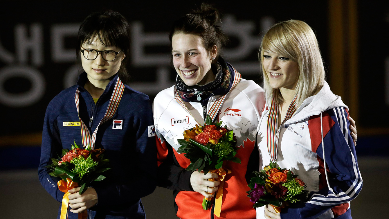Marianne St-Gelais after winning the 1500m at the ISU World Cup Short Track Speed Skating in Seoul, South Korea onMarch 12, 2016. (AP Photo/Ahn Young-joon)