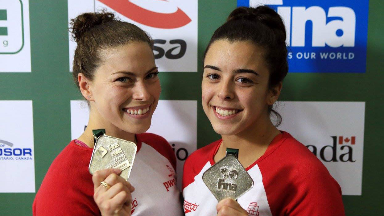 Roseline Filion and Meaghan Benfeito of Canada win silver in the Women's 10m Synchro at the FINA Diving World Series in Windsor on April 15, 2016 (Photo by Vaughn Ridley)