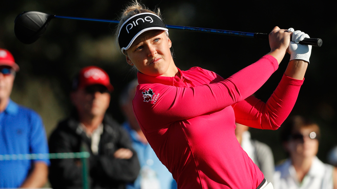 Brooke Henderson, watches her tee shot at the LPGA Tour ANA Inspiration golf tournament on March 31, 2016 in California (Chris Carlson)