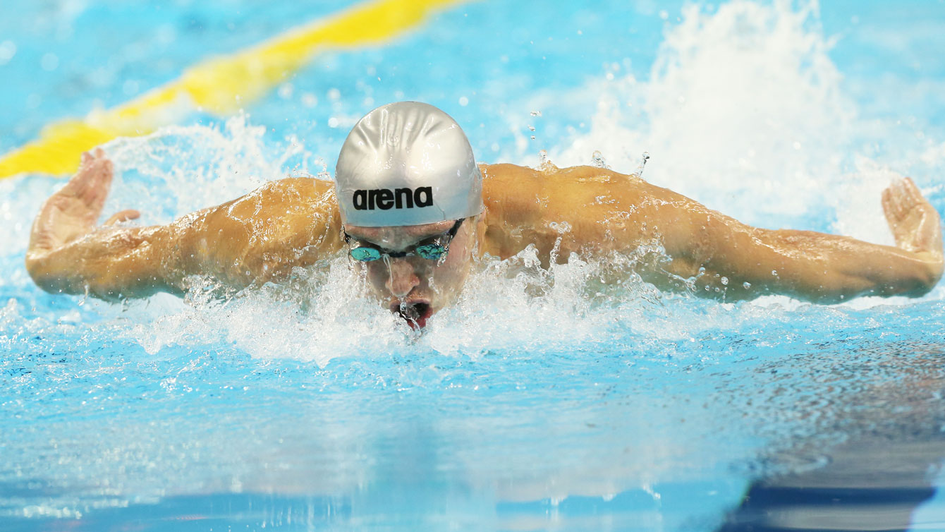 Santo Condorelli in the preliminaries of the men's 100m butterfly at Rio Trials on April 9, 2016 (Photo: Scott Grant via Swimming Canada). 