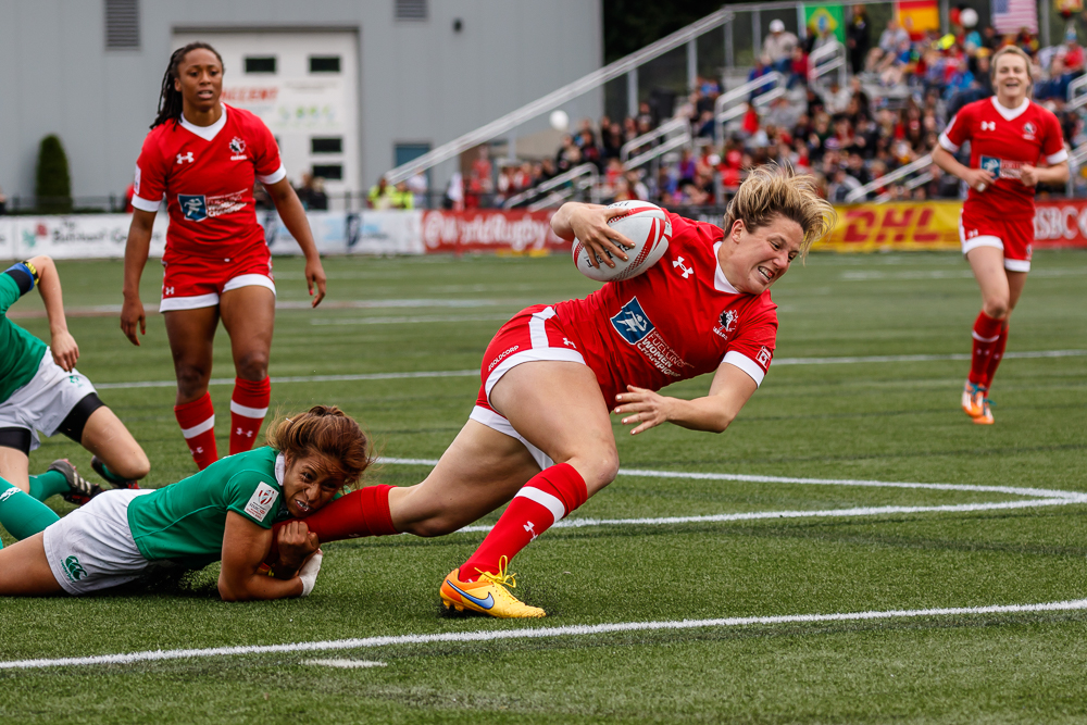 Kelly Russell scores a try against Ireland at Canada 7s (Photo: Lorne Collicutt).