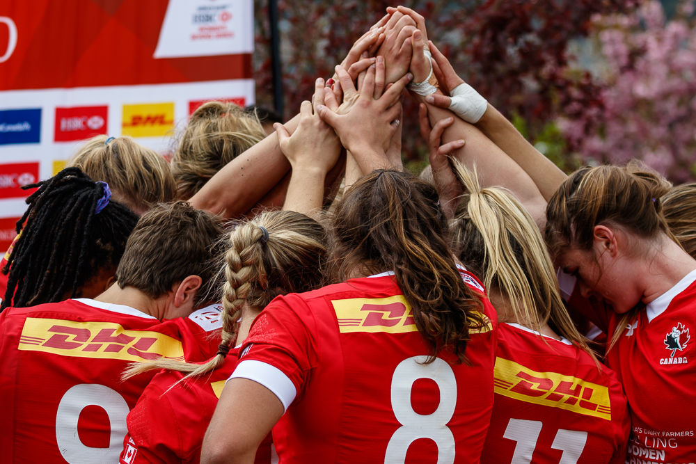 The Canadian Women's Rugby Sevens squad reflect post match at Canada 7s in Langford, BC on April 17 (Photo: Lorne Collicutt).