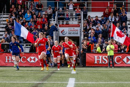 Canada takes to the field for their cup quarterfinal match against France at Canada 7s April 17 in Langford, BC (Photo: Lorne Collicutt).