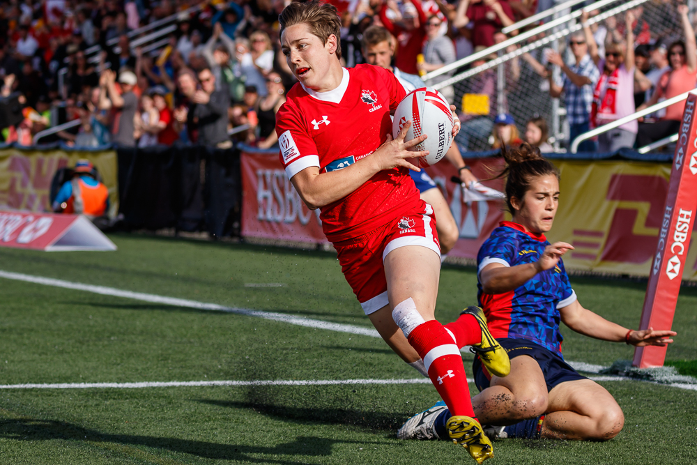 Ghislaine Landry scores on Spain in the plate final at Canada 7s in Langford, BC on April 17 (Photo: Lorne Collicutt).