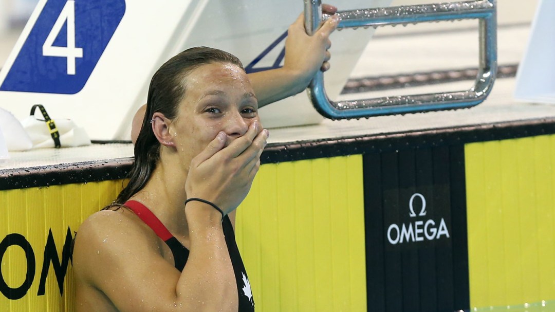 Penny Oleksiak reacting after her race