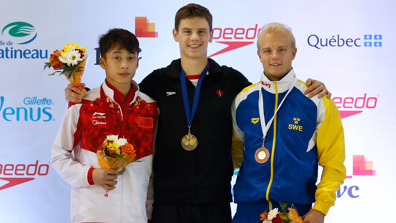 Vincent Riendeau tops the men's 10m platform podium at the FINA Diving Grand Prix in Gatineau on April 9. (Greg Kolz)