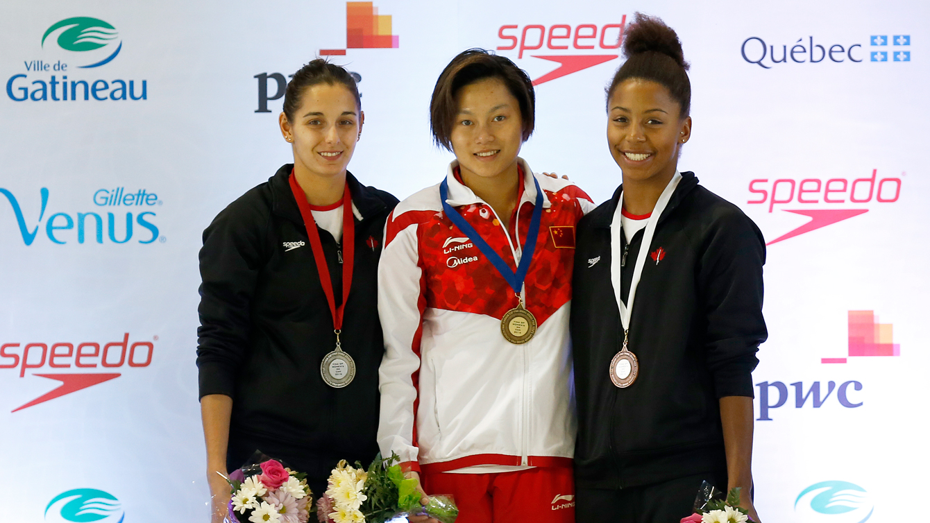 Pamela Ware and Jennifer Abel finish second and third in the women's 3m springboard competition at the FINA Diving Grand Prix in Gatineau on April 9. (Greg Kolz)