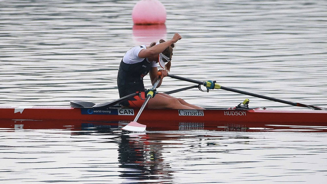 Carling Zeeman celebrates after winning women's single sculls on April 17, 2016 in Varese, Italy (Photo: Igor Meijer via FISA/World Rowing). 