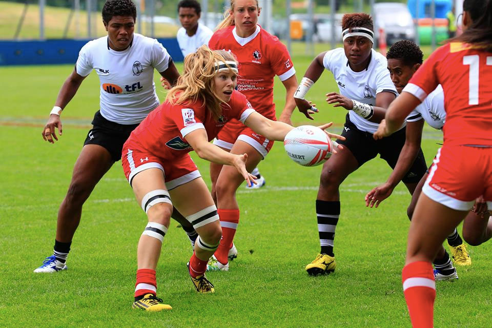 Karen Paquin at Clermont Sevens on May 29, 2016 against Fiji in the quarterfinals, which Canada won 12-5 (Photo: Isabelle Picarel via World Rugby).