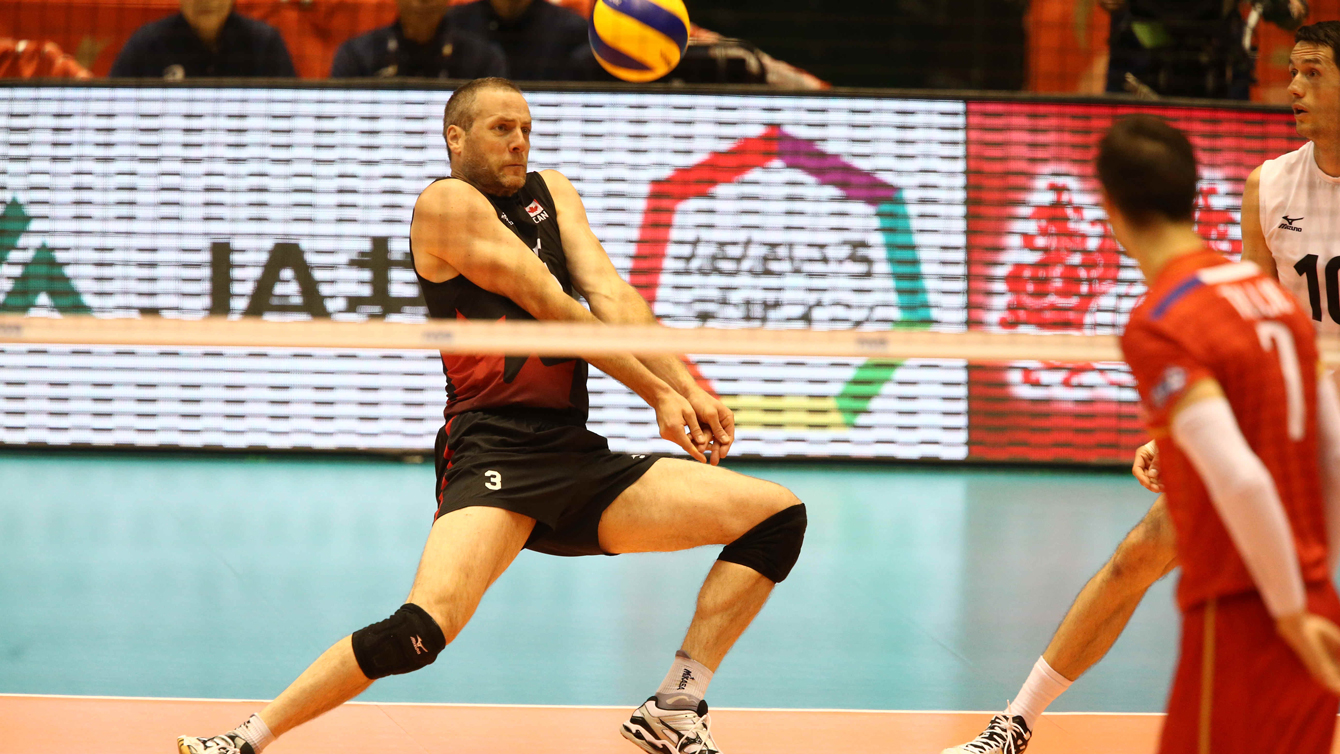 Canada's Daniel Lewis receives the ball against France at the World Olympic Qualification Tournament in Tokyo on June 2, 2016. (Photo via FIVB)