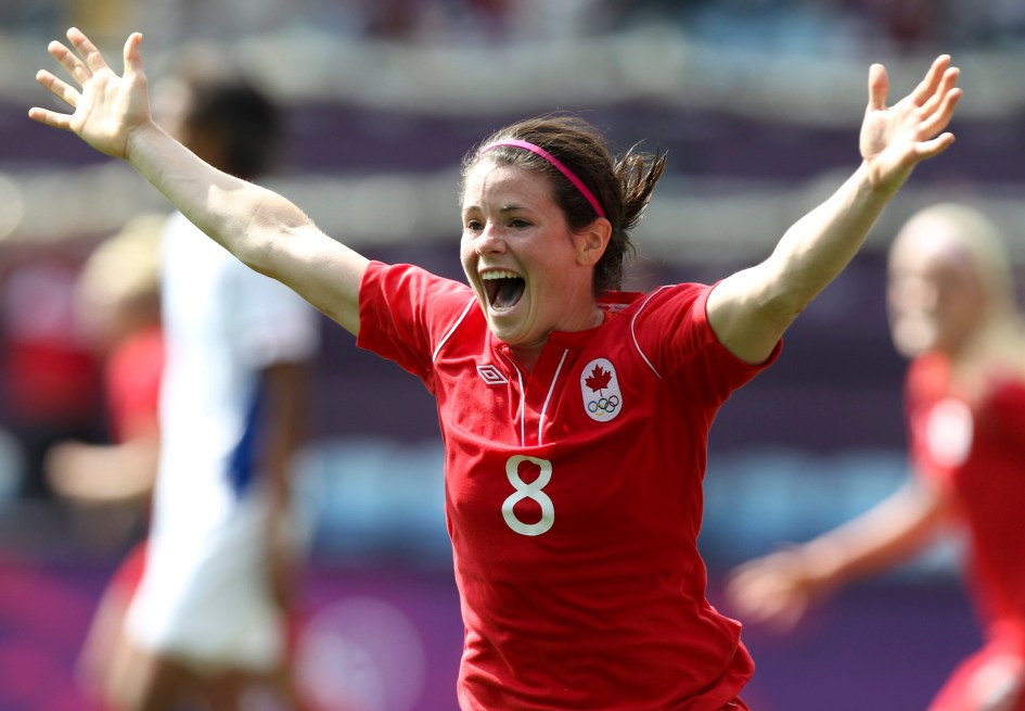 Diana Matheson of Canada celebrates her game winner against France in the bronze medal football match in Coventry at the 2012 London Olympics, Thursday, Aug. 9, 2012. THE CANADIAN PRESS/HO, COC - Mike Ridewood