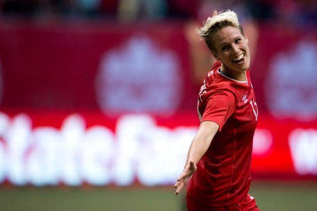 Canada's Sophie Schmidt celebrates her goal against Germany during the second half of an international women's soccer game in Vancouver, B.C., on Wednesday June 18, 2014. THE CANADIAN PRESS/Darryl Dyck