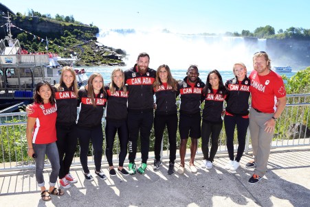 Korey Jarvis, Haislan Garcia, Jasmine Mian, Jillian Gallays, Michelle Fazzari, Danielle Lappage, Dorothy Yeats and Erica Wiebe posing in front of Niagra Falls on Wednesday June 22nd after the wrestling announcement.