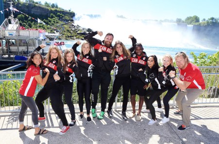 Korey Jarvis, Haislan Garcia, Jasmine Mian, Jillian Gallays, Michelle Fazzari, Danielle Lappage, Dorothy Yeats and Erica Wiebe posing in front of Niagra Falls on Wednesday June 22nd after the wrestling announcement.