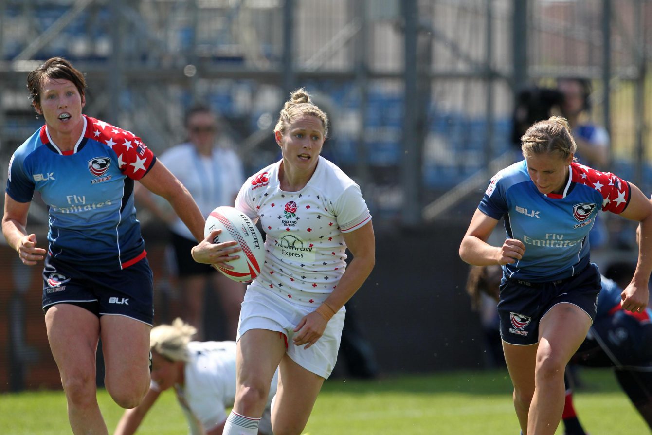 England overcame the USA twice at the 2015/2016 World Rugby Women's Sevens Series finale in Clermont-Ferrand (Photo: World Rugby).