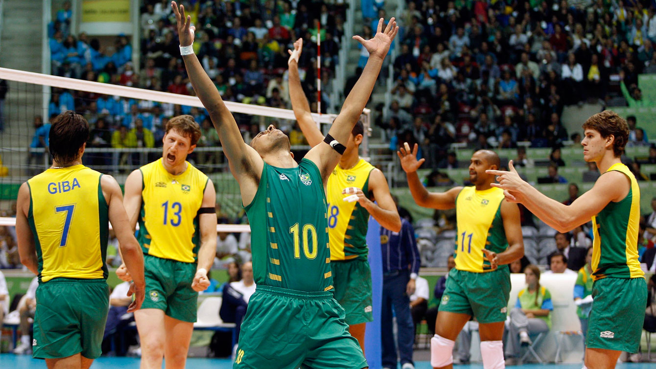 Brazil's players celebrate winning the gold medal of the Pan American Games men's volleyball competition