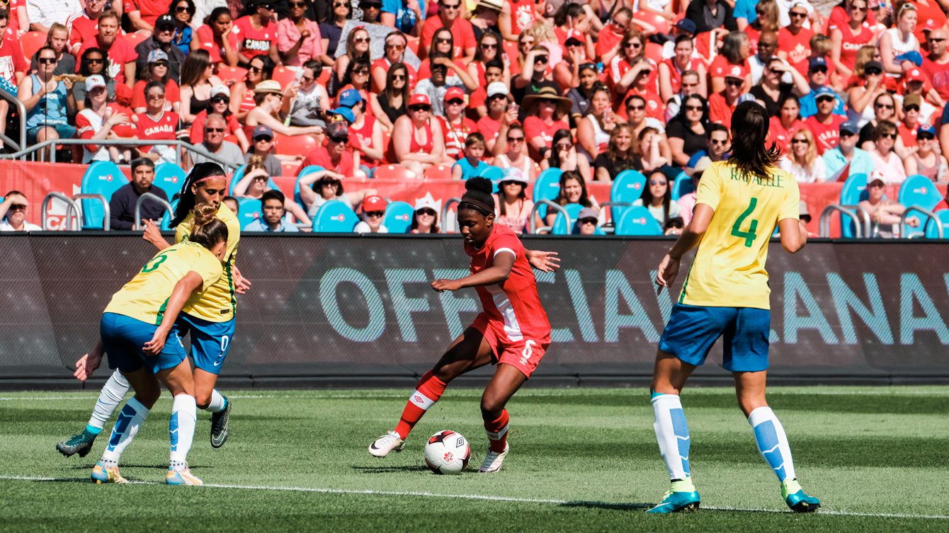 Canada's 17-year-old Deanne Rose (in red) against Brazil on June 4, 2016, has been labeled as one to watch heading to Rio 2016. (Thomas Skrlj/COC)