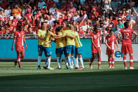 Brazil celebrating their goal