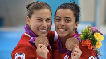 Roseline Filion and Meaghan Benfeito show their bronze medals
