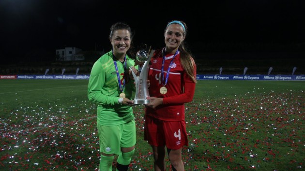 Sabrina D'Angelo (left) holding the Algarve Cup with Zadorsky (right), March 9th 2016.