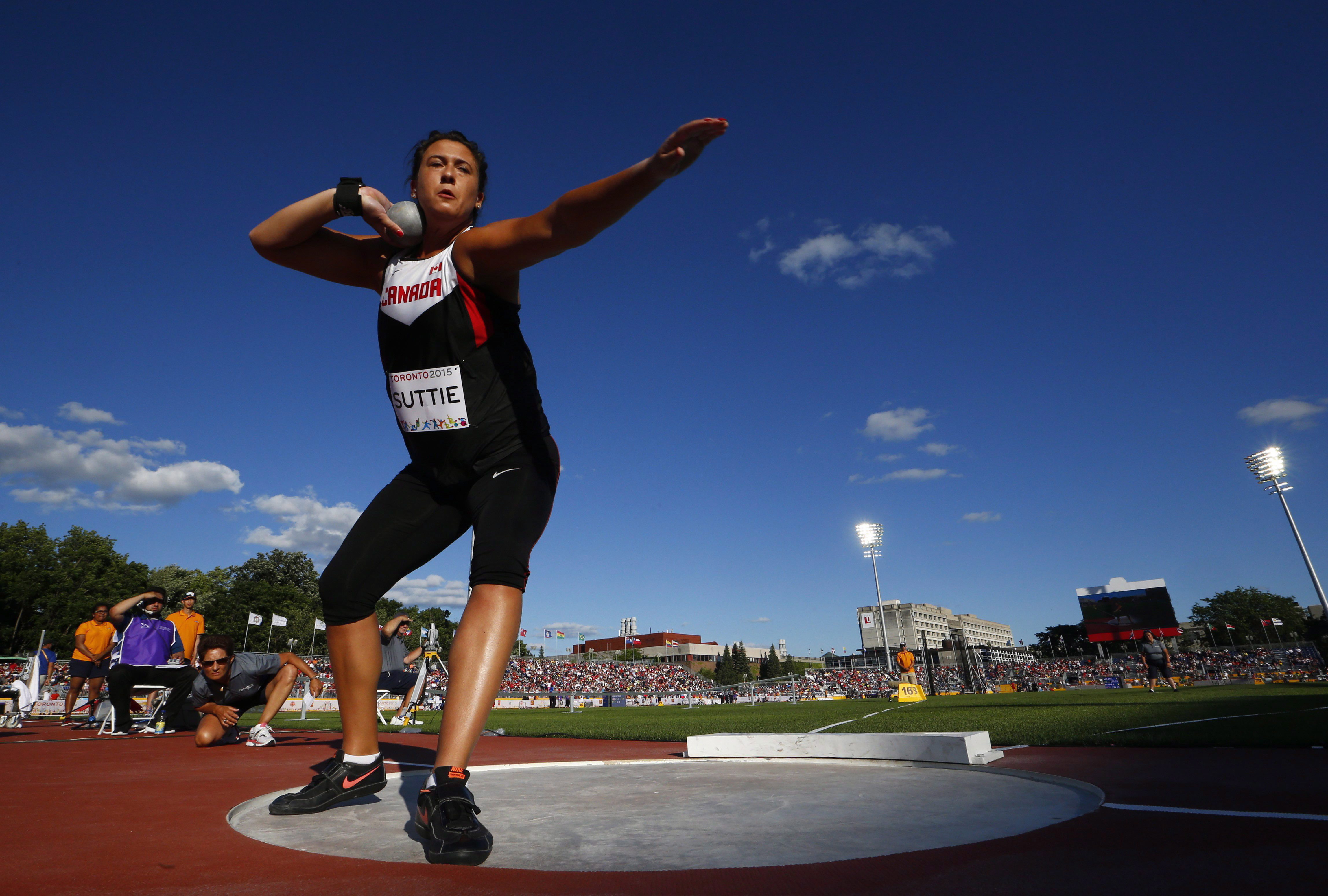 Taryn Suttie of Canada competes in the women's shot put during the athletics at the Pan Am Games in Toronto, Wednesday July 22, 2015. THE CANADIAN PRESS/Mark Blinch
