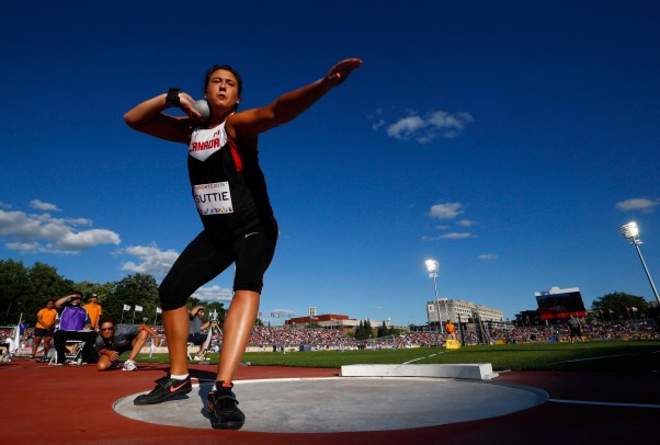 Taryn Suttie of Canada competes in the women's shot put during the athletics at the Pan Am Games in Toronto, Wednesday July 22, 2015. THE CANADIAN PRESS/Mark Blinch