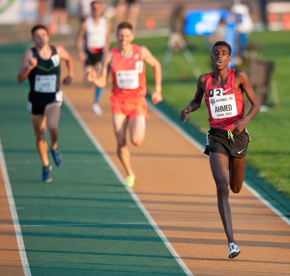 Mohammed Ahmed (R) finishes ahead of the field in the senior men 5000m final at the Canadian Track and Field Championships and Selection Trials for the 2016 Summer Olympic and Paralympic Games, in Edmonton, Alta., on Thursday July 7, 2016. THE CANADIAN PRESS/Dan Riedlhuber