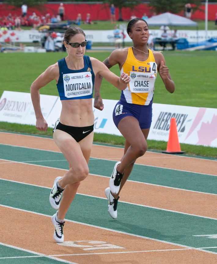Noelle Montcalm crosses the finish line ahead of Chanice Chase to win in the senior women's 400m hurdle final at the Canadian Track and Field Championships and Selection Trials for the 2016 Summer Olympic and Paralympic Games, in Edmonton, Alta., on Friday, July 8, 2016. THE CANADIAN PRESS/Dan Riedlhuber