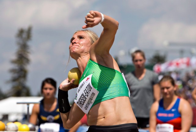 Brianne Theisen-Eaton makes her throw during the senior women's qualifying at the Canadian Track and Field Championships and Selection Trials for the 2016 Summer Olympic and Paralympic Games, in Edmonton, Alta., on Friday, July 8, 2016.THE CANADIAN PRESS/Jason Franson