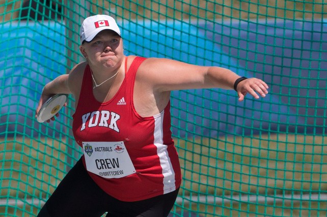 Brittany Crew makes her throw during the senior women's discus final at the Canadian Track and Field Championships and Selection Trials for the 2016 Summer Olympic and Paralympic Games, in Edmonton, Alta., on Friday, July 8, 2016.THE CANADIAN PRESS/Jason Franson