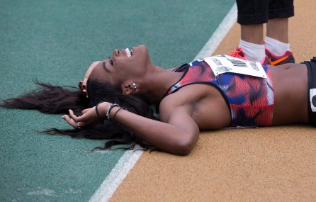 Carline Muir reacts following her win of the senior women's 400 metre final at the Canadian Track and Field Championships and Selection Trials for the 2016 Summer Olympic and Paralympic Games, in Edmonton, Alta., on Saturday, July 9, 2016.THE CANADIAN PRESS/Jason Franson