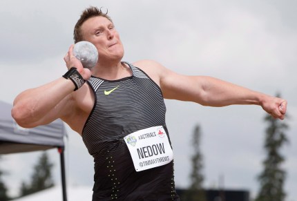 Tim Nedow makes his throw leads during the senior men's shot put finals at the Canadian Track and Field Championships and Selection Trials for the 2016 Summer Olympic and Paralympic Games, in Edmonton, Alta., on Sunday July 10, 2016.THE CANADIAN PRESS/Jason Franson