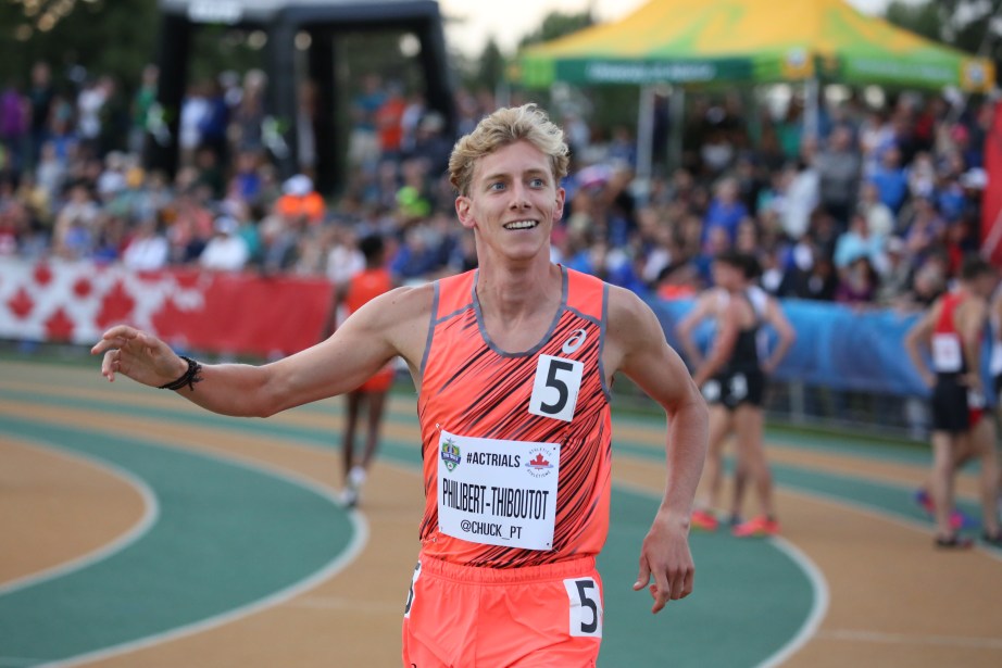 Charles Philibert-Thiboutot celebrating after realizing he is going to Rio for the 1500m at the Canadian Track and Field Championships and Selection Trials for the 2016 Summer Olympic and Paralympic Games, in Edmonton, Alta. (Steve Boudraeu/COC)