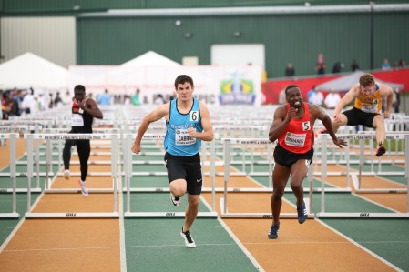 Jonathan Carbal in the 100m hurdles event at the Canadian Track and Field Championships and Selection Trials for the 2016 Summer Olympic and Paralympic Games, in Edmonton, Alta. (Steve Boudraeu/COC)