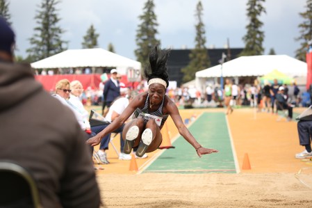 Christabel Nettey competing in long jump at the Canadian Track and Field Championships and Selection Trials for the 2016 Summer Olympic and Paralympic Games, in Edmonton, Alta. (Steve Boudraeu/COC)