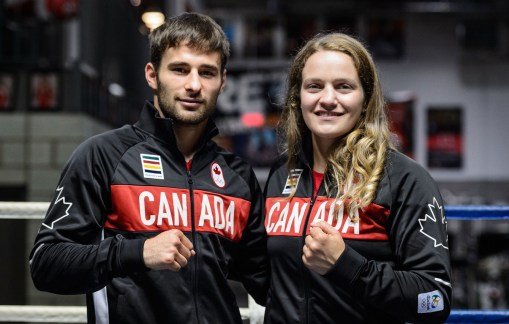 Arthur Biyarslanov (left) and Ariane Fortin at the Rio 2016 boxing team announcement for Team Canada on July 14, 2016.
