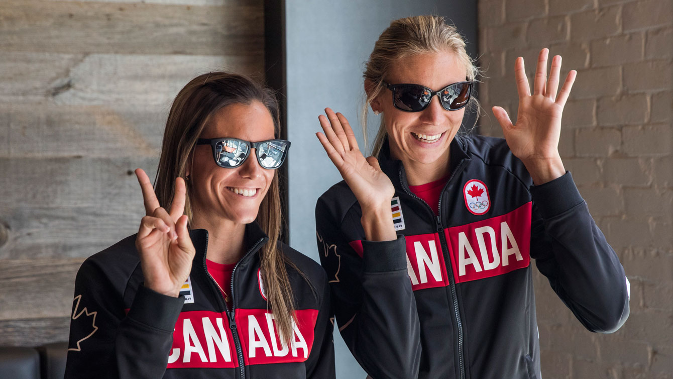 Jamie Broder (left) and Kristina Valjas at the Rio 2016 beach volleyball nomination announcement on July 20, 2016.
