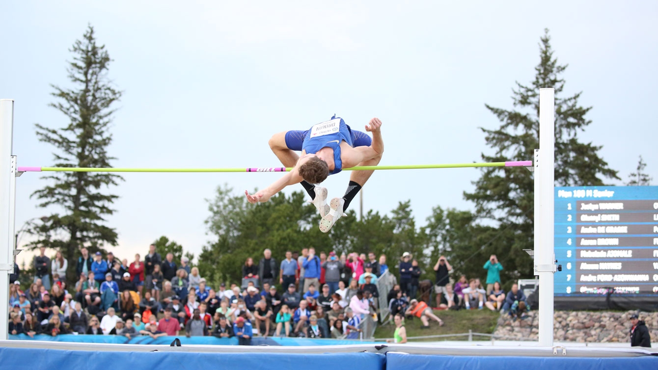 Derek Drouin clears the bar during men's high jump at Olympic trials on July 9, 2016. 