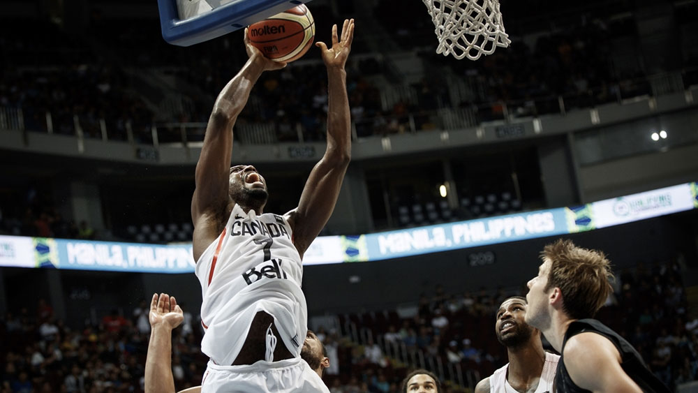 Melvin Ejim goes up for shot against New Zealand in the Olympic qualifier on July 9, 2016 (Photo: FIBA). 