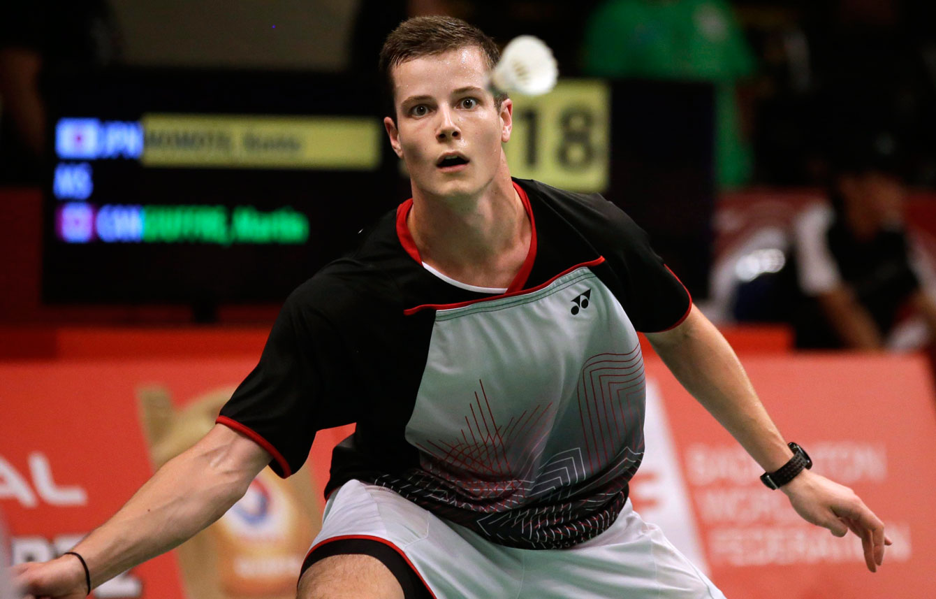 Martin Giuffre at the world championships in badminton on August 12, 2015. 