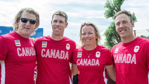 Curt Harnett, David Hearn, Alena Sharp and Graham DeLaet pose before going on stage for the Team Canada golf announcement on July 19, 2016. (Tavia Bakowski/COC)